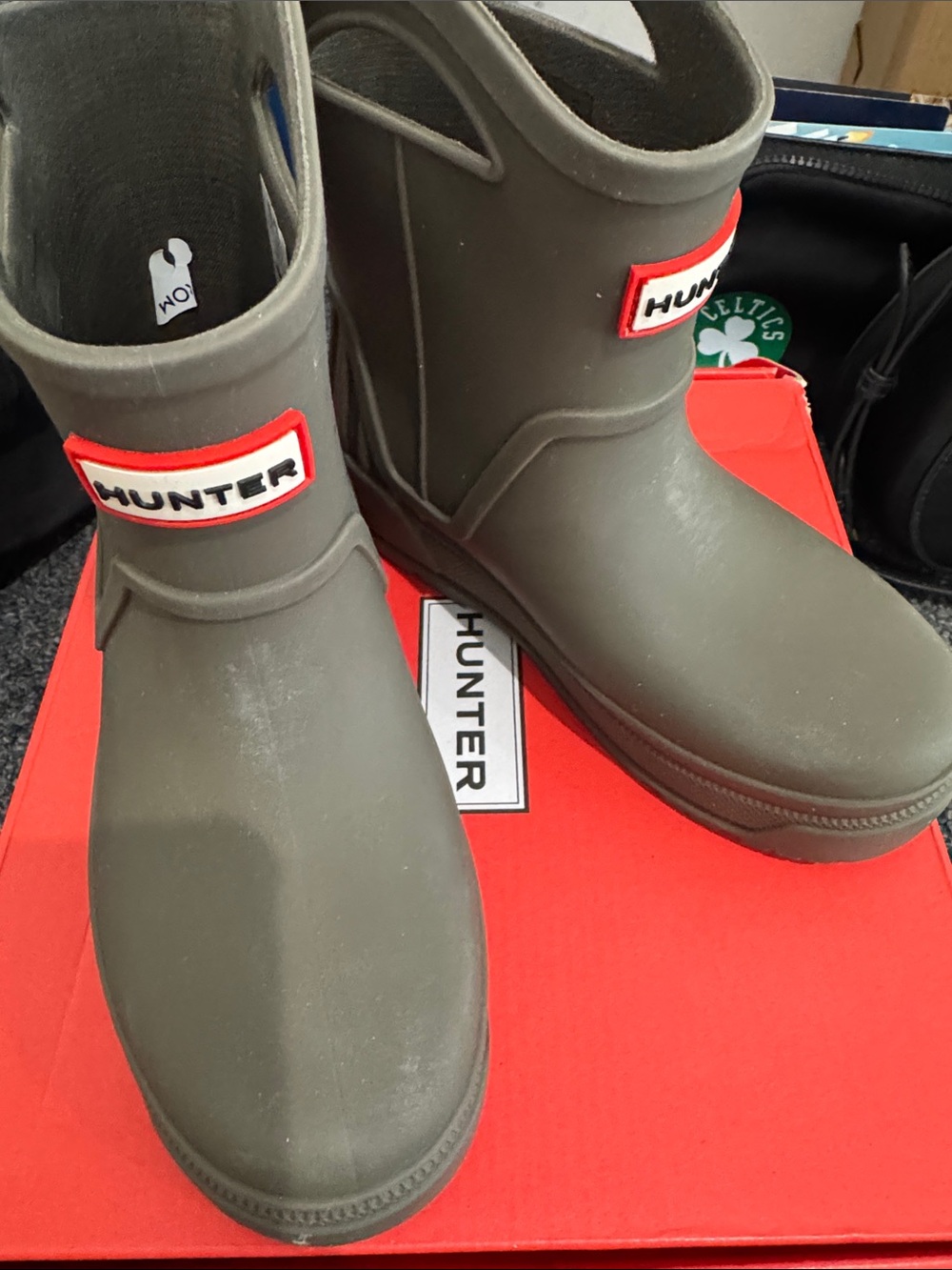 Hunter Short Rubber Boots in Olive with Red Trim